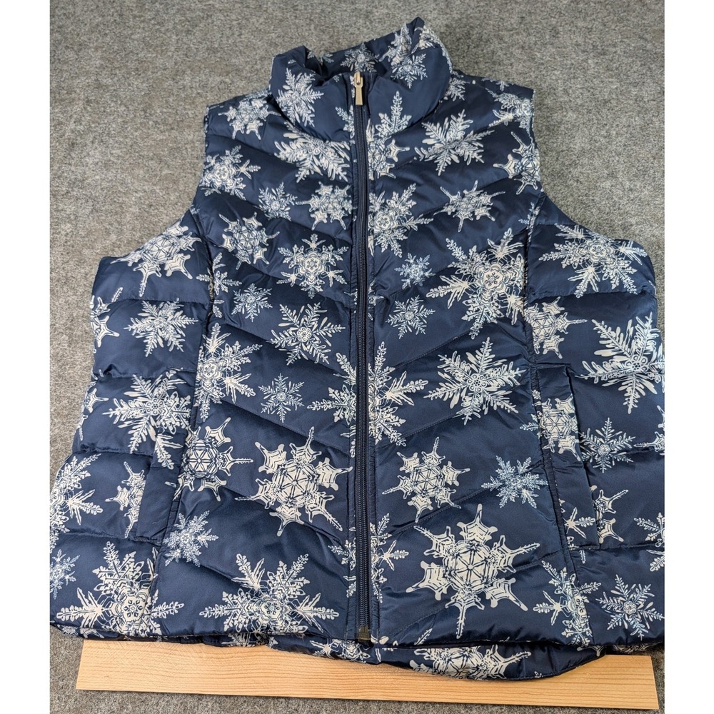 Lands End Womens Navy Snowflake Down Puffer Vest Large 14-16 Blue White Holiday